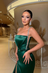 Glamorous spaghetti straps sleeveless a-line satin prom dresses sequined